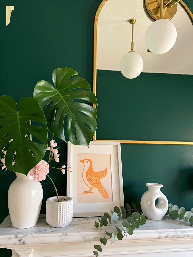 Parede verde escura com espelho dourado refletindo luminária branca, folha de costela-de-adão e vaso de cerâmica com flores rosas sobre lareira de mármore.