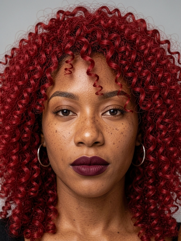 Close-up de mulher negra com cabelo crespo vermelho intenso, batom vinho e brincos de argola prateados, iluminação difusa em fundo cinza neutro.