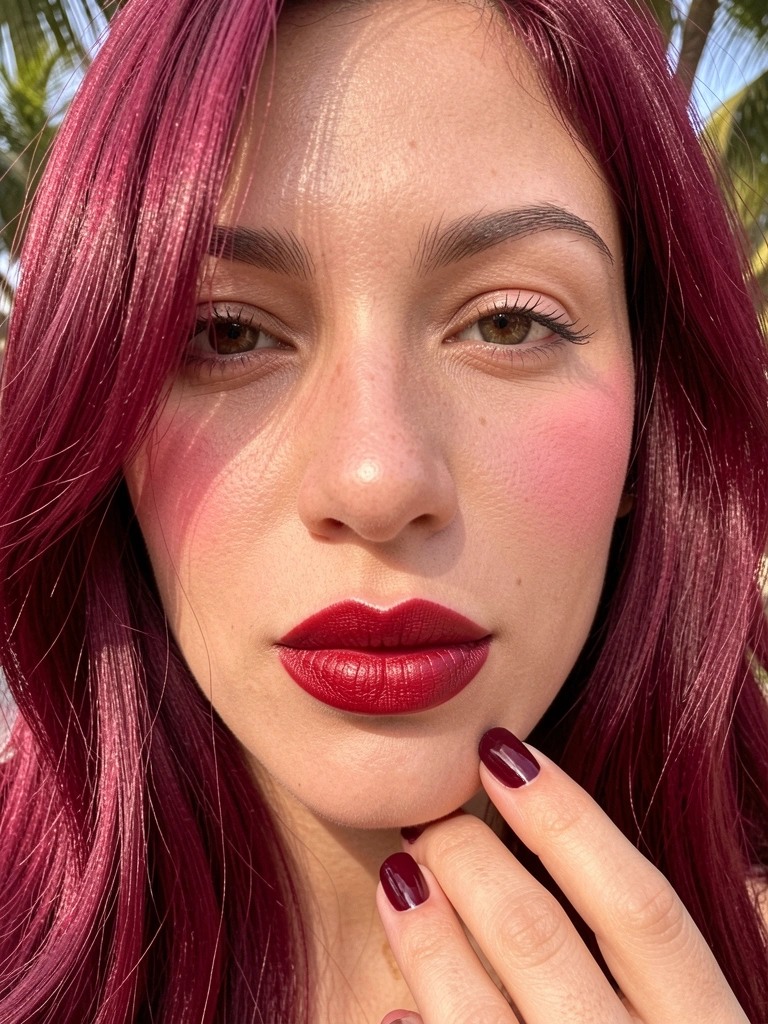 Retrato feminino com cabelo vinho vibrante, batom cereja brilhante, blush rosado e esmalte vinho acetinado, luz natural quente e folhagens ao fundo.