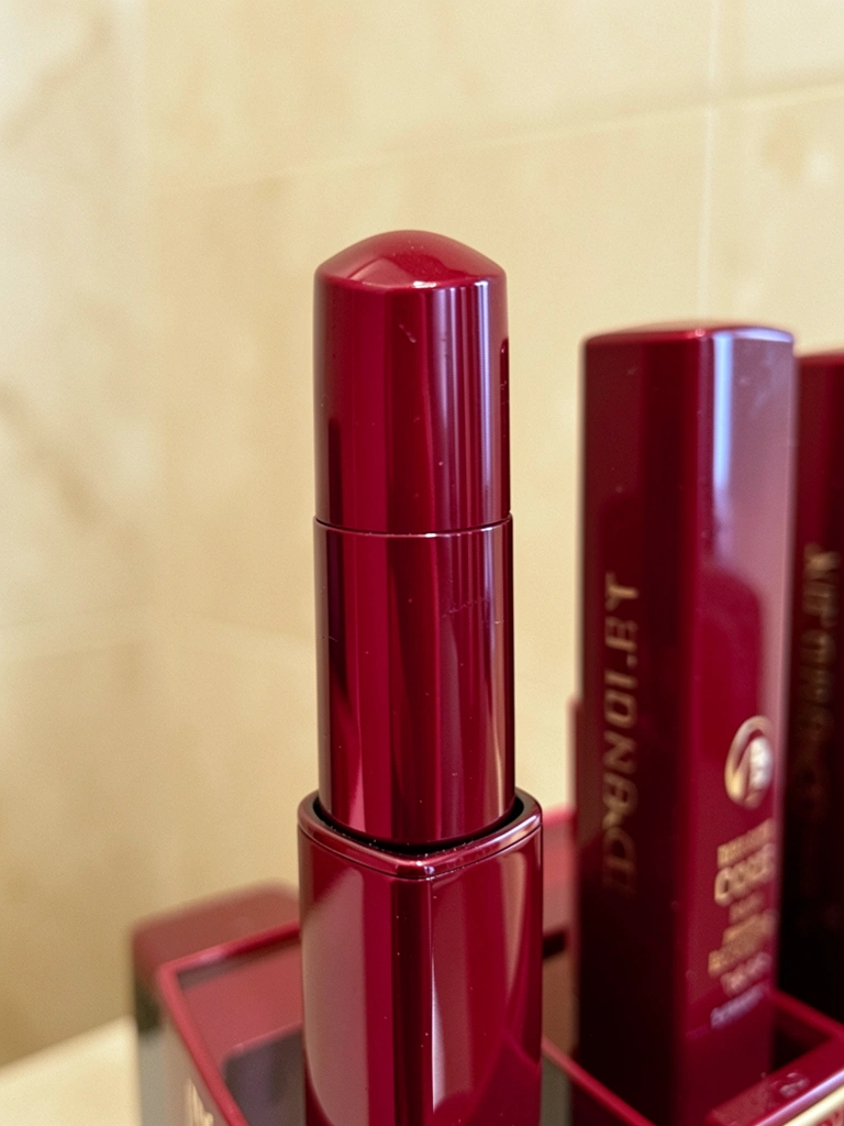 Batom vermelho cereja em tubo refletivo sobre fundo bege texturizado, luz natural difusa destacando o brilho e a pigmentação intensa.