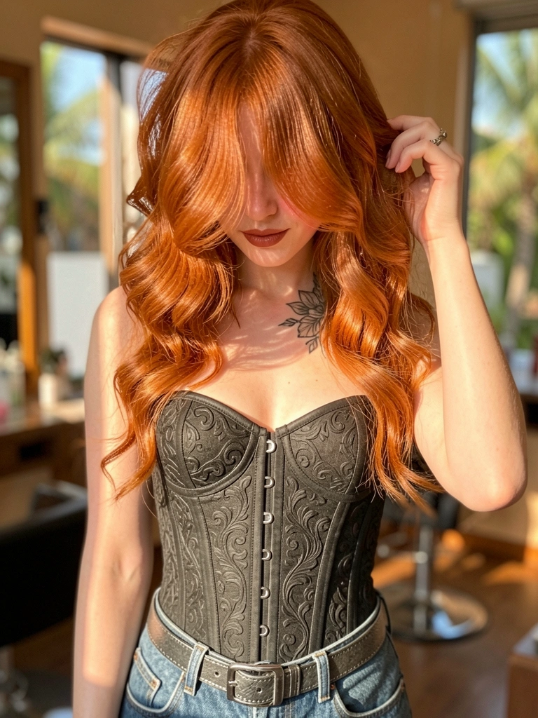 Cabelos ruivos ondulados sendo levantados por uma mão, corset preto com detalhes e cinto prateado, jeans de cintura alta, tatuagem floral no colar, fundo desfocado com luz natural.