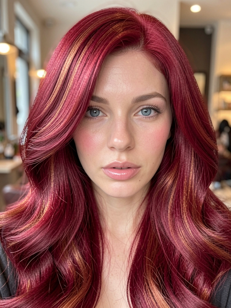 Cabelo ruivo cereja em ondas volumosas, pele clara com blush, olhos azuis, fundo desfocado com luz natural.