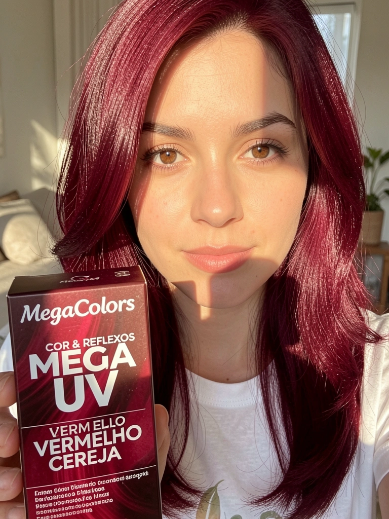 Mulher de cabelo vermelho cereja vibrante segurando caixa de tintura MegaColors UV, luz natural quente, fundo desfocado.