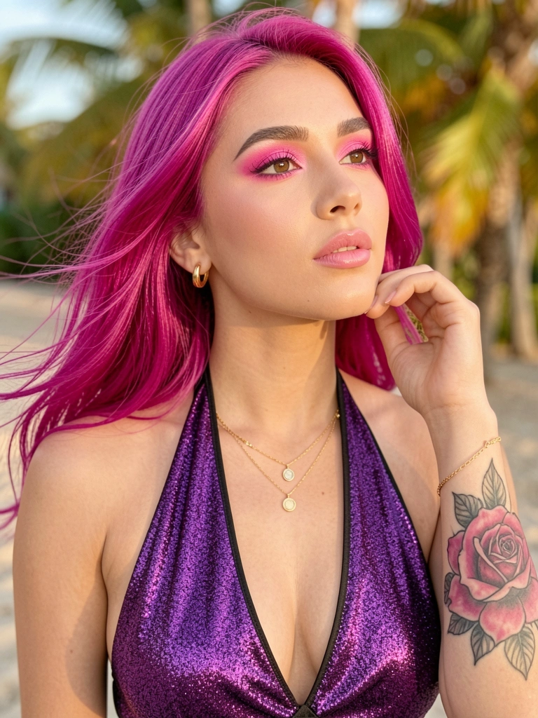 Moça de cabelo magenta e brinco dourado, blusa roxa e preta cintilante, tatuagem de rosa no antebraço, luz natural do dia ao ar livre.