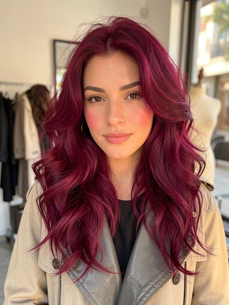 Mulher com cabelo vinho intenso em ondas soltas, jaqueta de couro cinza escuro e casaco bege, luz natural suave em salão de beleza.