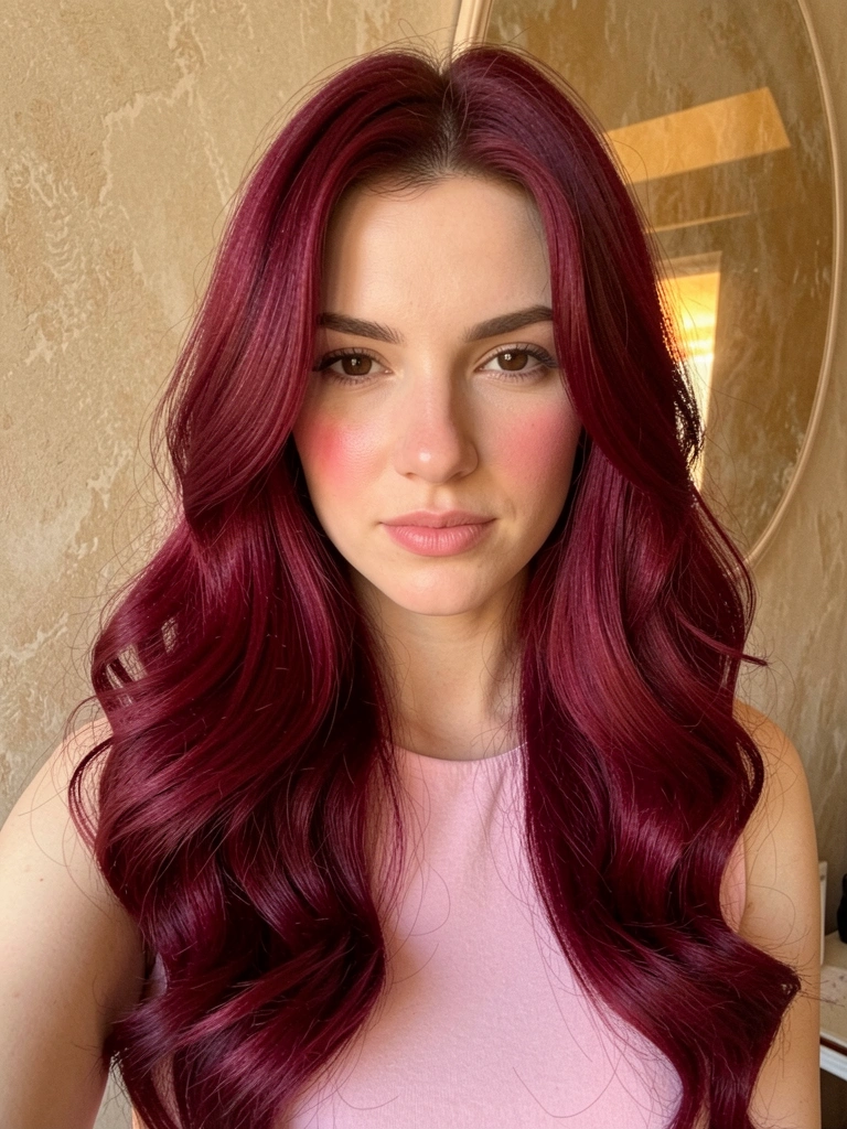 Mulher de cabelo vinho intenso em ondas soltas, pele clara com blush, blusa rosa clara sem mangas, parede texturizada bege com reflexo quente, luz natural difusa.
