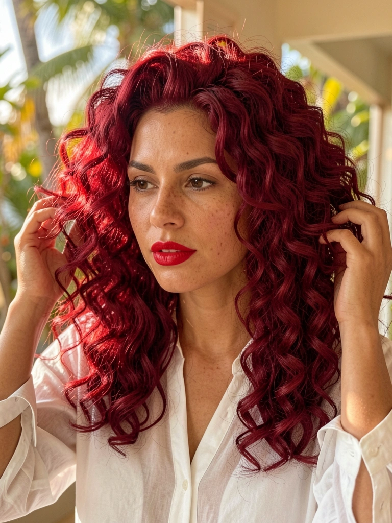 Mulher de cabelos ruivos cacheados volumosos, blusa branca levemente transparente e batom vermelho, admirando o reflexo no espelho com os dedos nos fios, luz natural quente.