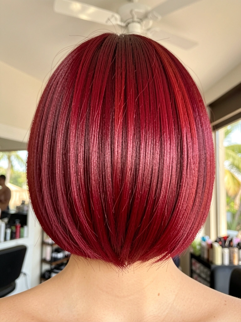 Close-up de cabelo ruivo vibrante em corte bob curto, com gloss e variações de tom do bordô ao vermelho, luz difusa e fundo desfocado com ventilador de teto branco.