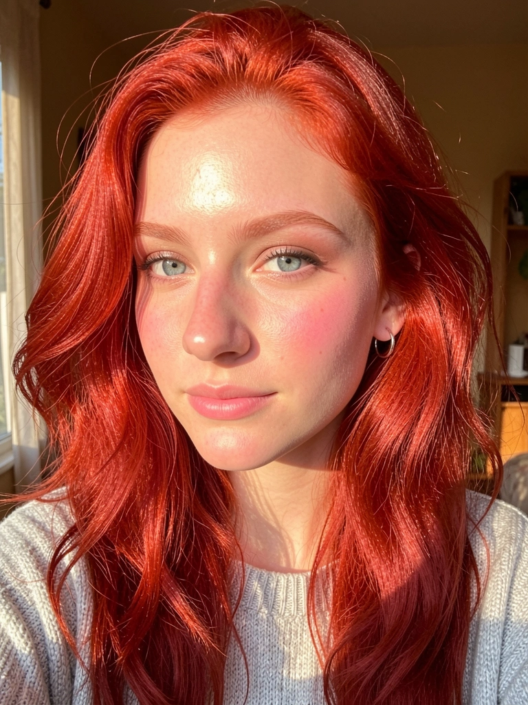 Jovem de cabelo ruivo vibrante ao sol, usando tricô cinza claro e brinco de prata, fundo desfocado com luz natural.