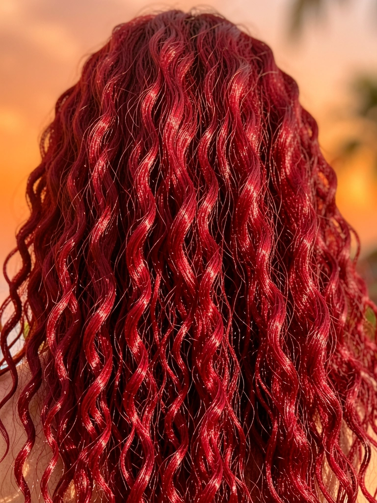 Cachos volumosos vermelho cereja com brilho intenso, iluminados por luz natural, fundo laranja desfocado.