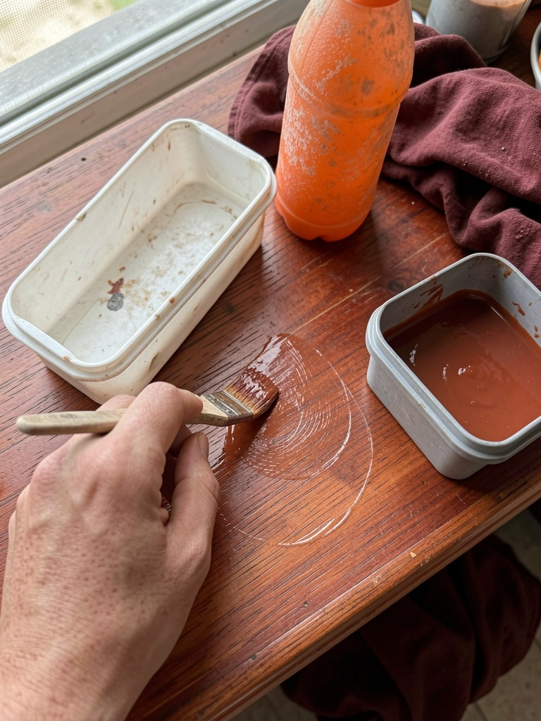 Mão com pincel aplicando verniz base água em superfície de madeira.