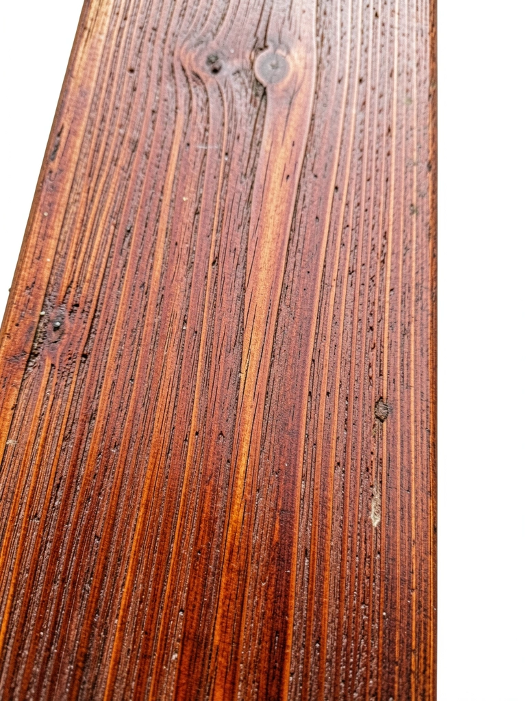 Deck de madeira com stain mogno, textura e veios visíveis.