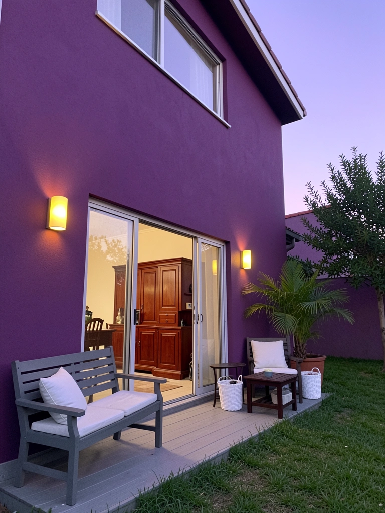 Sala com porta e móveis em verniz mogno, iluminação natural.