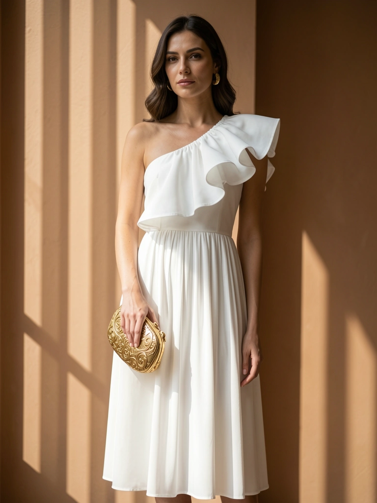 Vestido midi branco com ombro único franzido, bolsa dourada ornamentada, luz natural difusa e listras verticais de sol em fundo neutro.