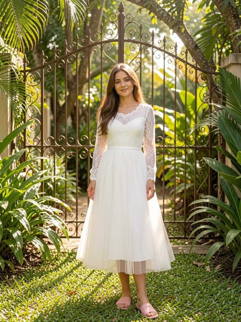 Vestido branco de renda e tule com cintura fina, mulher de cabelos longos em jardim com portão de ferro e luz filtrada.