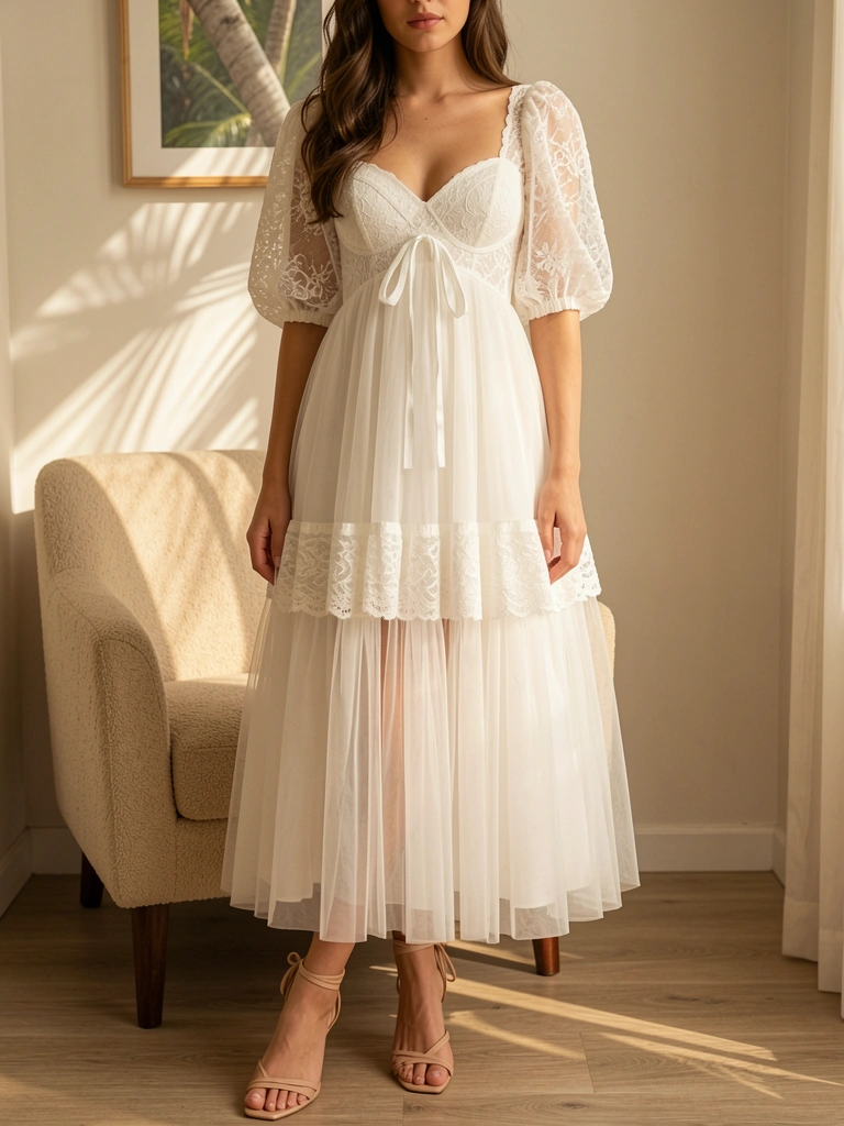 Jovem com vestido branco de renda e laço, sentada em poltrona bege texturizada, luz natural filtrada por janela.