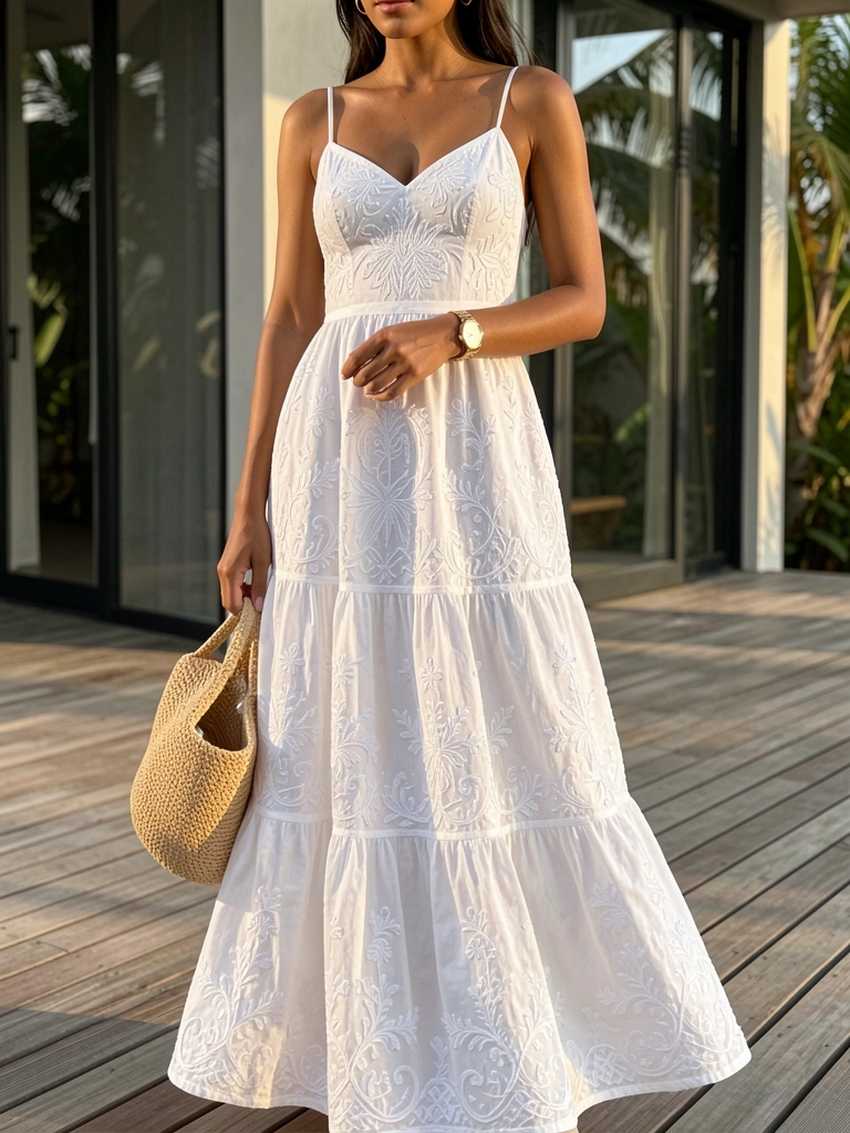 Mulher de vestido branco bordado com saia em camadas, segurando bolsa de palha, em deck de madeira com edifício ao fundo, luz natural quente.