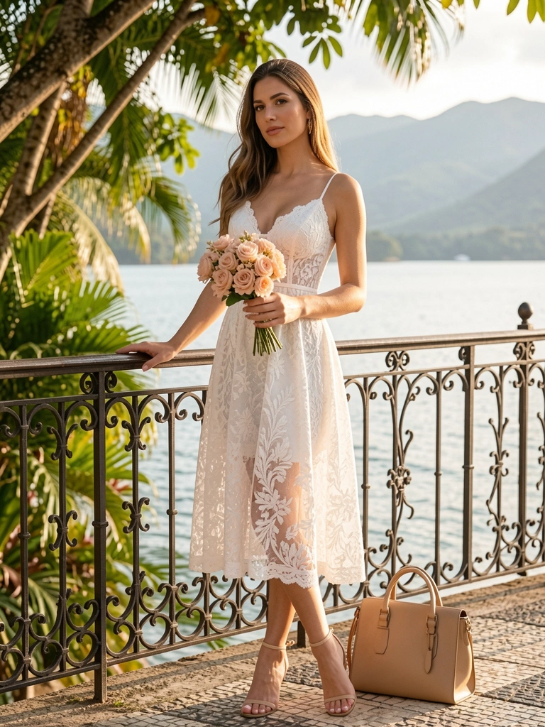 Mulher de vestido branco de renda com buquê blush ao lado de cerca de ferro forjado, bolsa bege sobre a cerca, luz natural tropical e montanhas ao fundo.