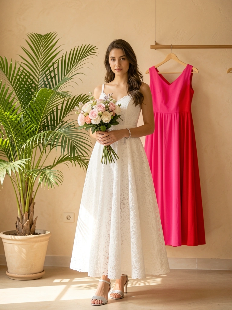 Mulher jovem com vestido branco rendado e buquê floral, luz natural suave, parede bege texturizada e palmeira ao fundo.