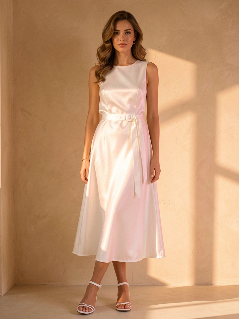 Mulher em vestido branco acetinado com cinto fino, sandálias de tiras e cabelos ondulados, contra parede bege texturizada com luz natural difusa.