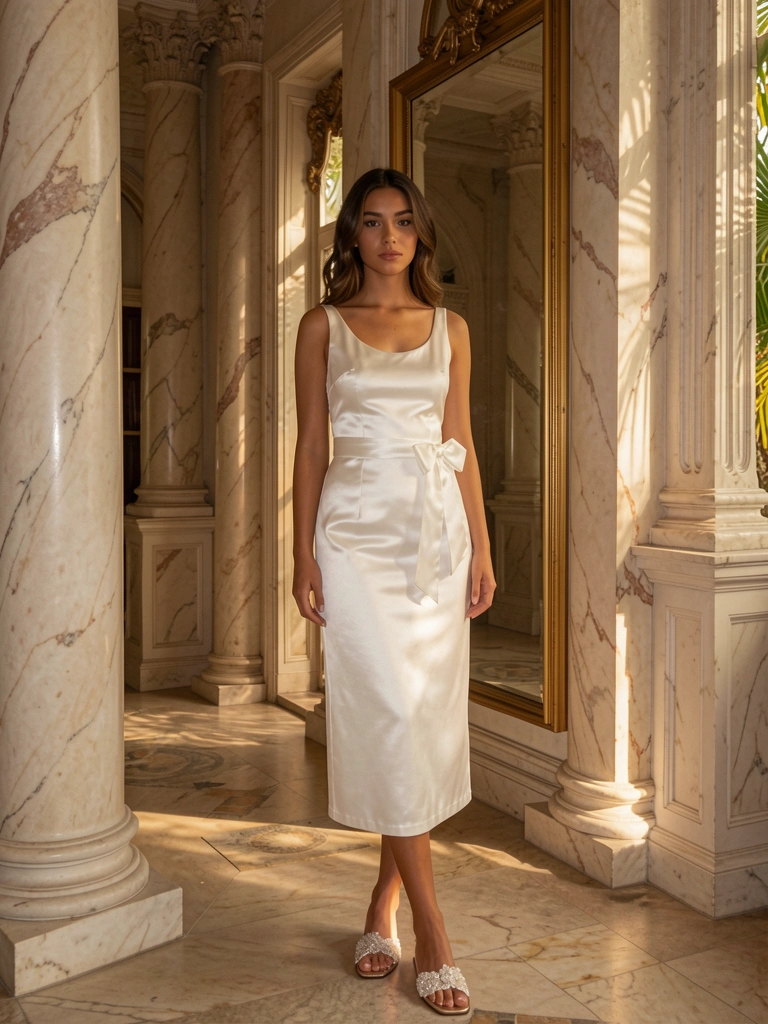 Mulher em vestido midi de cetim branco com laço na cintura e sandálias embellished, em corredor com colunas de mármore e espelho refletindo a cena, luz difusa e quente.