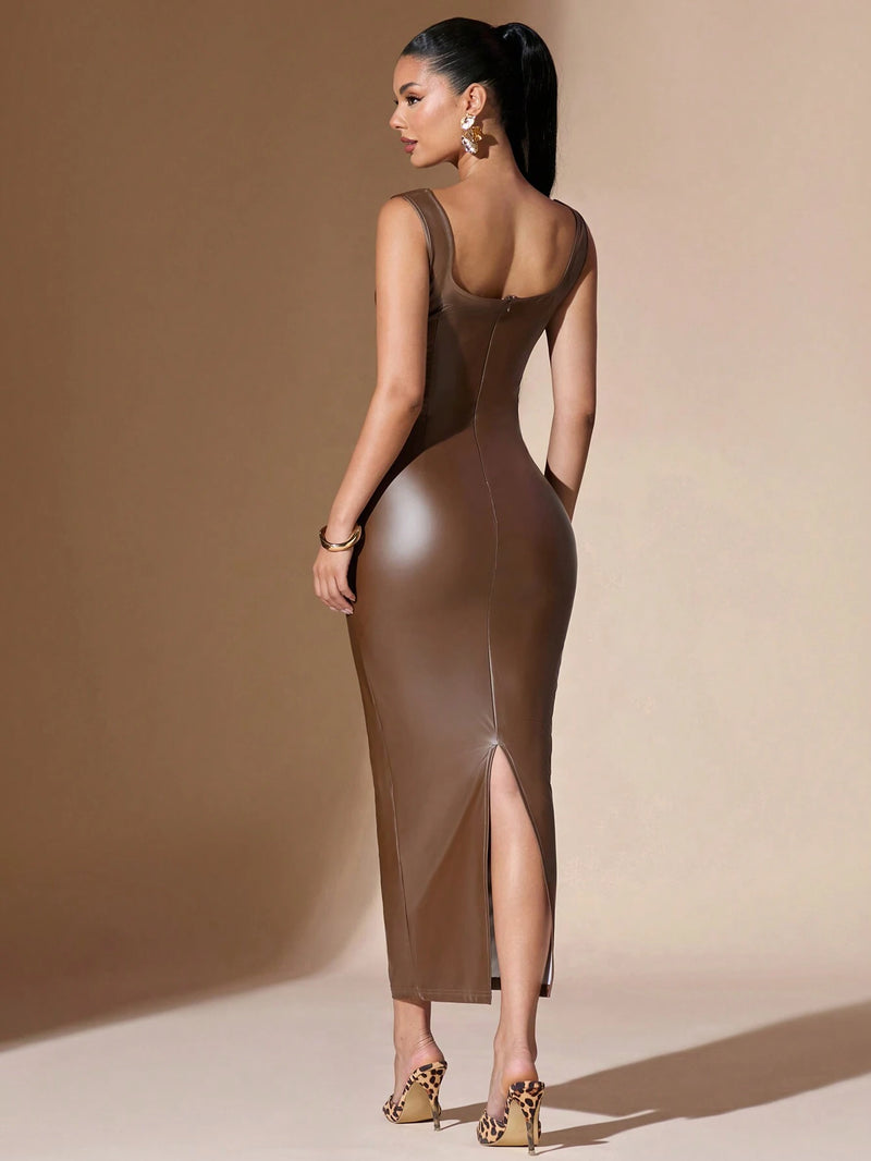 vestido de couro marrom looks