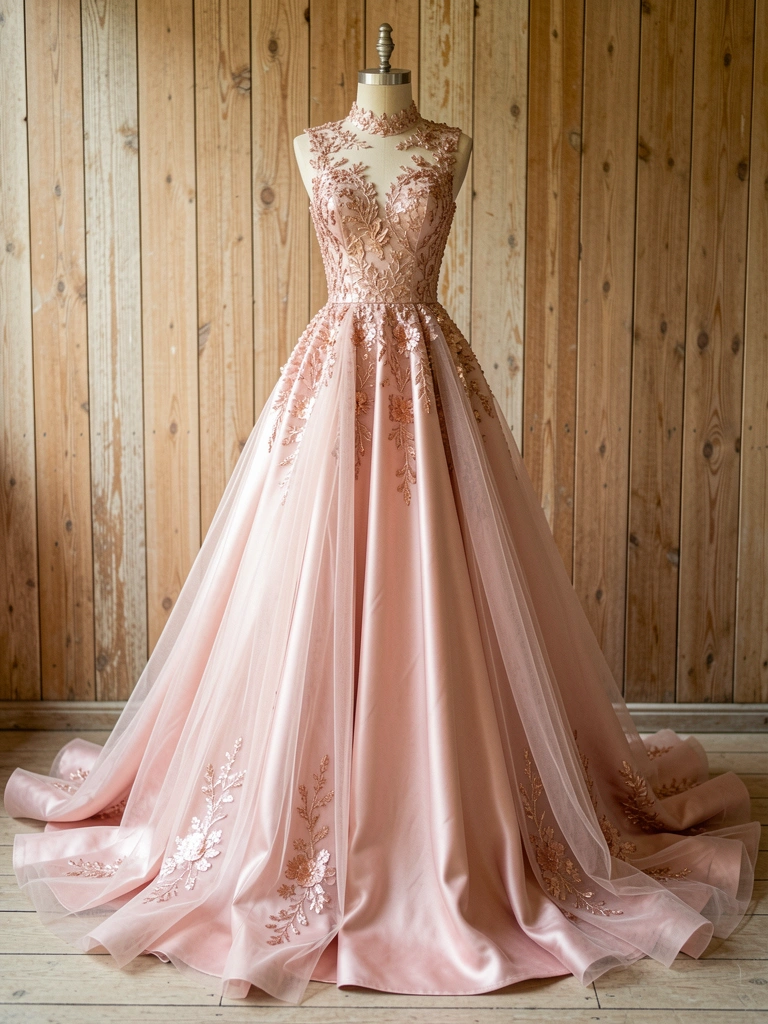Vestido de gala blush com corpete de cetim bordado e sobreposição de tule, sobre manequim em fundo de parede de madeira desgastada, iluminado por luz natural.