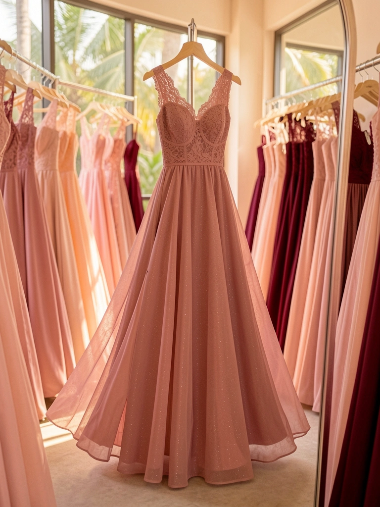 Vestido longo rosa poeira com renda no decote e fenda na lateral, exposto em boutique contra vitrine com luz natural.