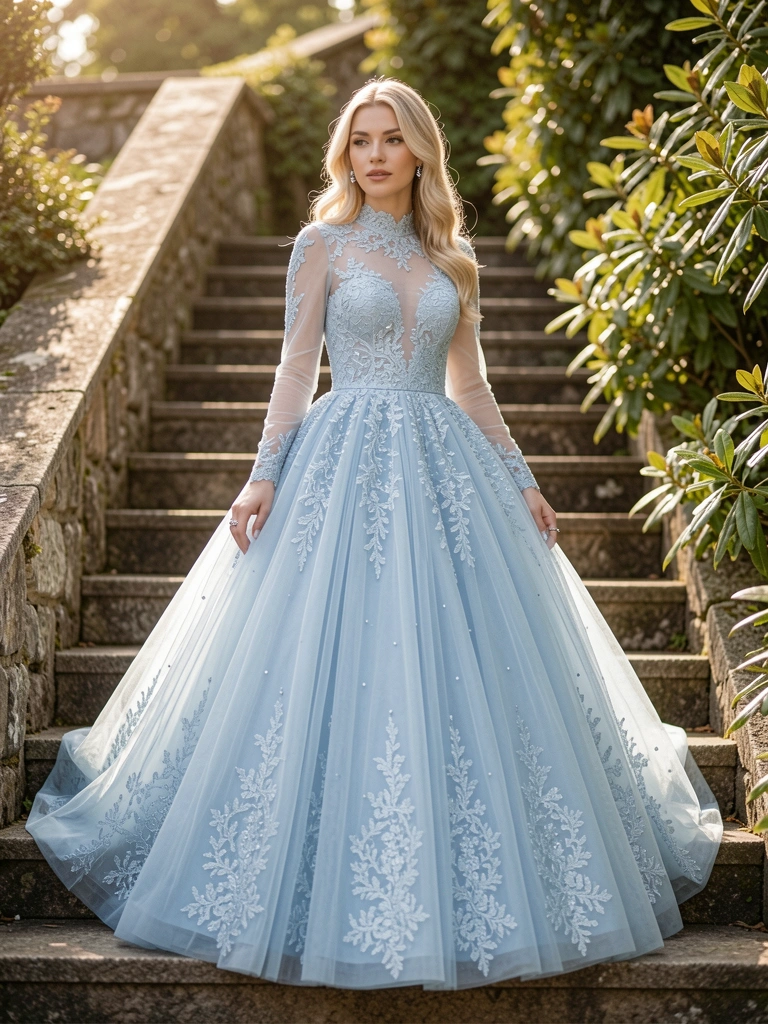 Vestido de tule azul claro com renda e miçangas, mulher loira em escadaria de pedra, folhagem verde e luz suave.
