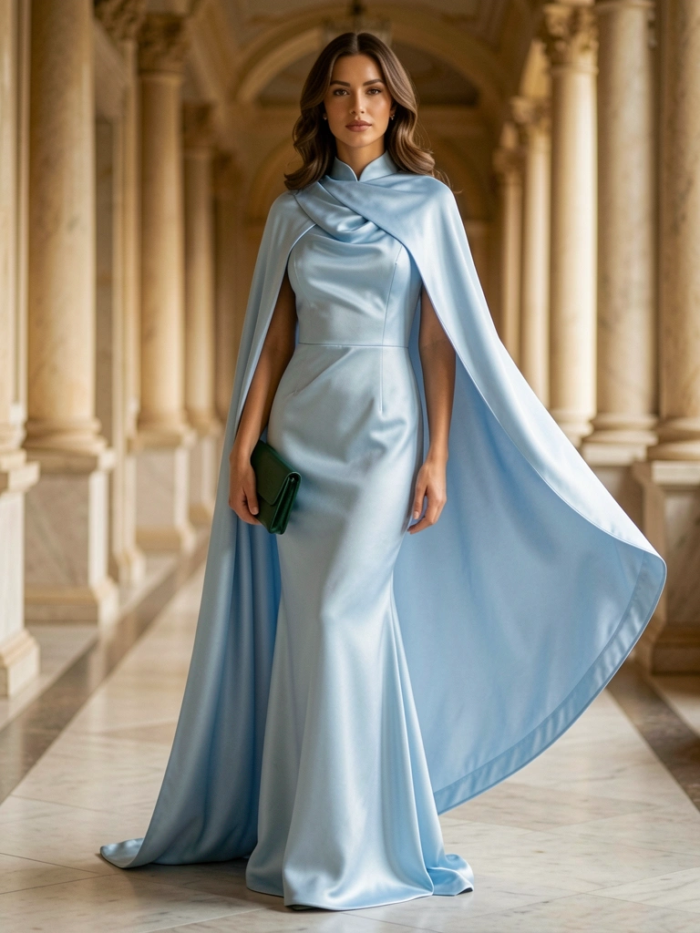 Mulher de vestido azul claro com capa dramática em saguão de mármore e colunas clássicas, luz suave e difusa.