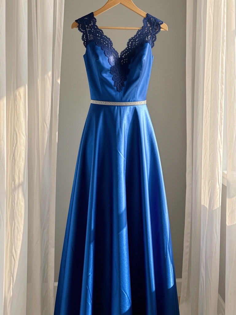 Vestido longo de cetim azul com renda escura no decote, cintura marcada por cinto prateado, luz natural e cortinas branças ao fundo.