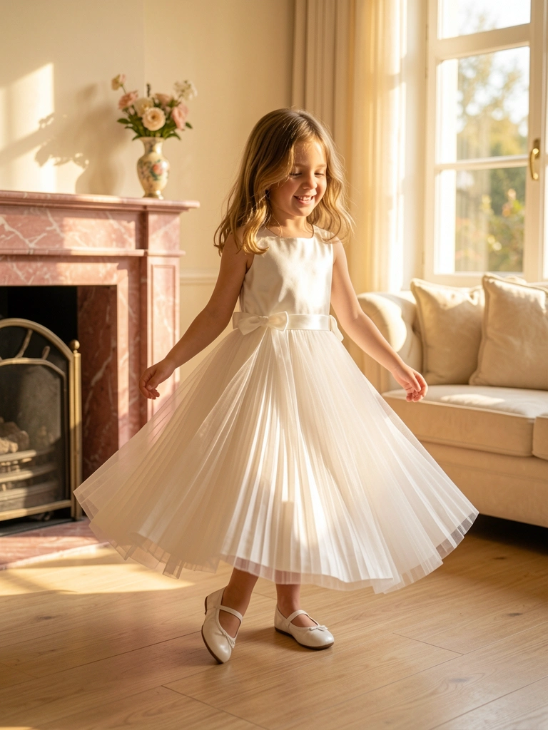 Menina de vestido branco de tule girando em sala com piso de madeira clara, lareira de mármore rosa e sofá creme, luz do sol entrando pela janela.