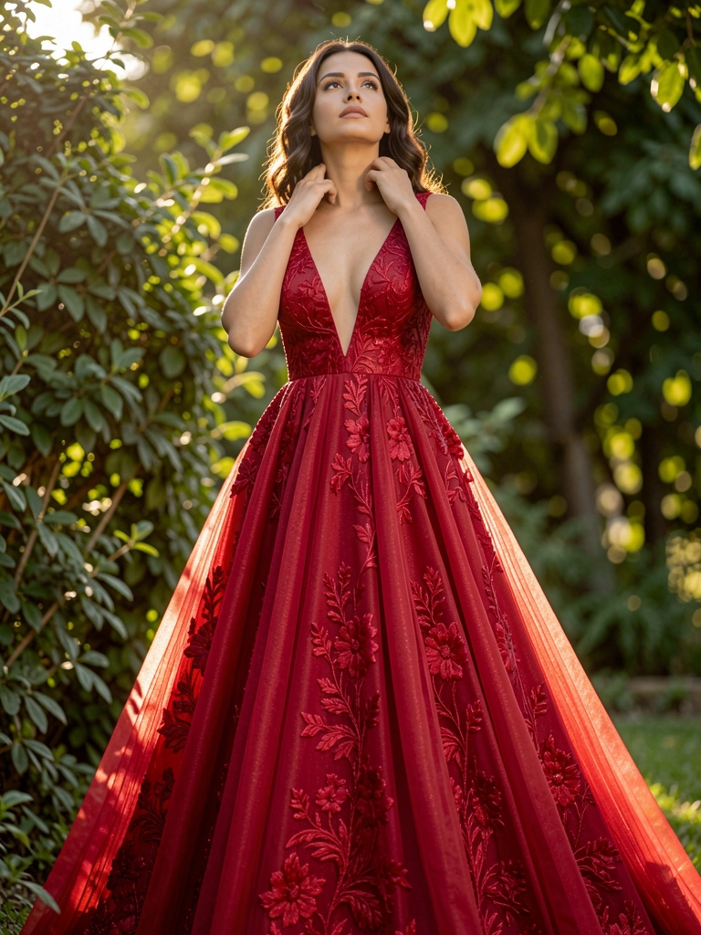 Mulher em vestido vermelho longo com bordados florais, mão no pescoço, olhando para cima, fundo verde desfocado e luz solar quente.