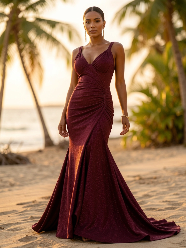 Vestido longo vinho com cauda, brilho sutil e bracelete dourado, luz quente de fim de tarde em fundo tropical.