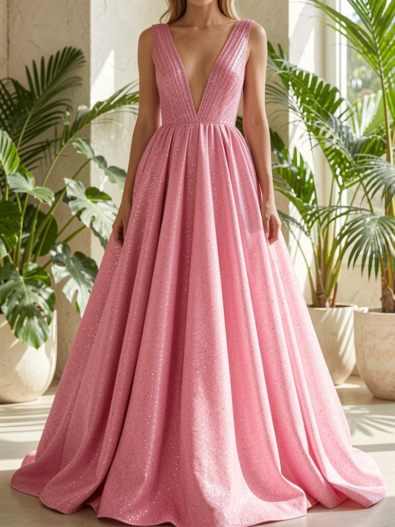 Vestido rosa longo com brilho, decote profundo e saia volumosa em ambiente claro com plantas verdes ao fundo, luz natural suave.