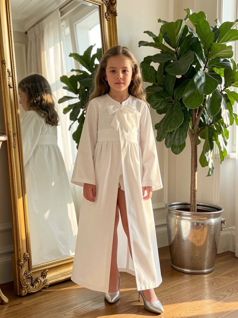 Menina de vestido branco de formatura em frente a espelho dourado ornamentado, com planta verde ao fundo e luz natural.