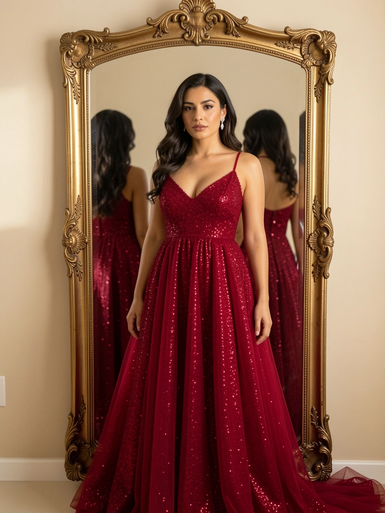 Vestido vermelho brilhante com decote baixo e tule cintilante refletido em espelho antigo de moldura dourada, luz natural suave.