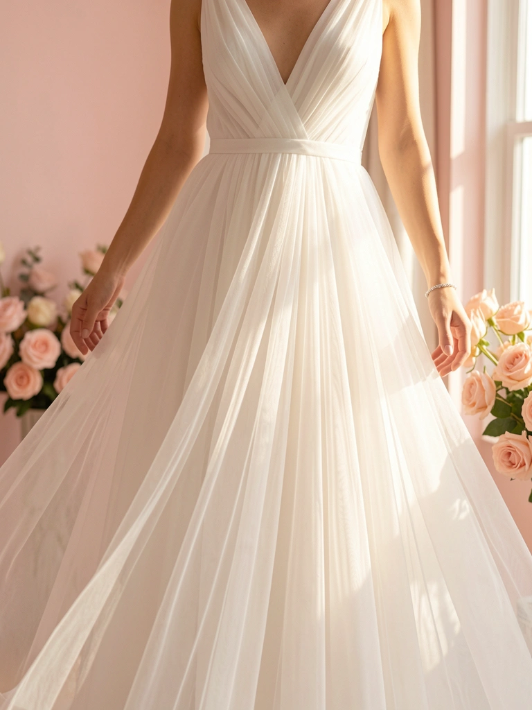 Vestido de noiva branco com decote profundo e saia de tule esvoaçante sob luz natural, pulseira prateada e buquê rosa desfocado ao fundo.