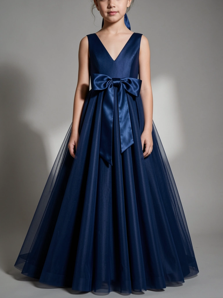 Vestido longo azul-marinho com laço de cetim nas costas, saia de tule volumosa e luz difusa em fundo cinza neutro.