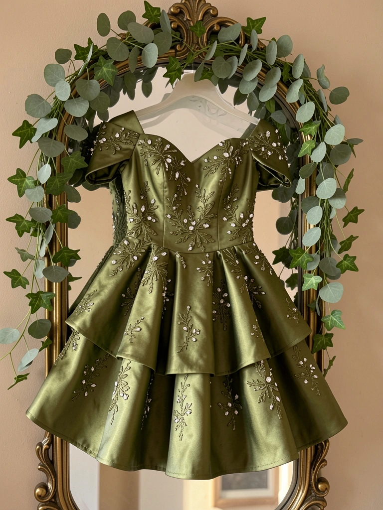 Vestido curto de cetim verde-oliva com bordados florais e cristais, em moldura dourada, refletindo eucalipto e hera, luz suave e parede bege.