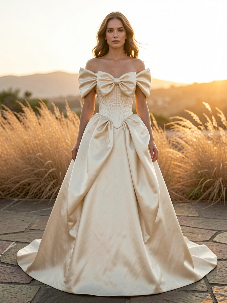 Vestido longo de cetim off-white com laço volumoso no corpete, em pé em um pátio de pedra ao pôr do sol dourado.