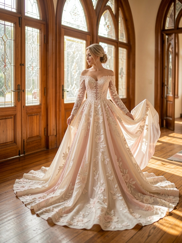 Vestido de noiva off-shoulder com bordados florais e cauda, sobre assoalho de madeira polido em hall com portas em arco e vidros ornamentados, luz do sol criando sombras longas.