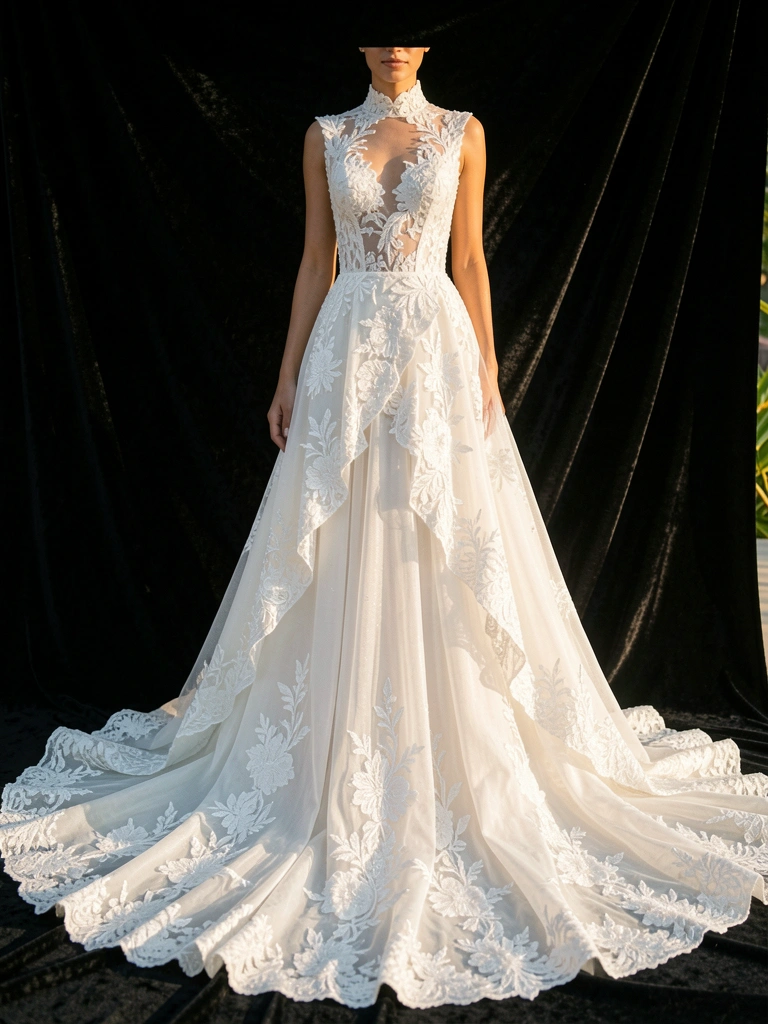 Vestido branco de alta-costura com renda floral intrincada e cauda dramática, detalhes assimétricos e brilho sutil, fundo de veludo preto e luz natural tropical.