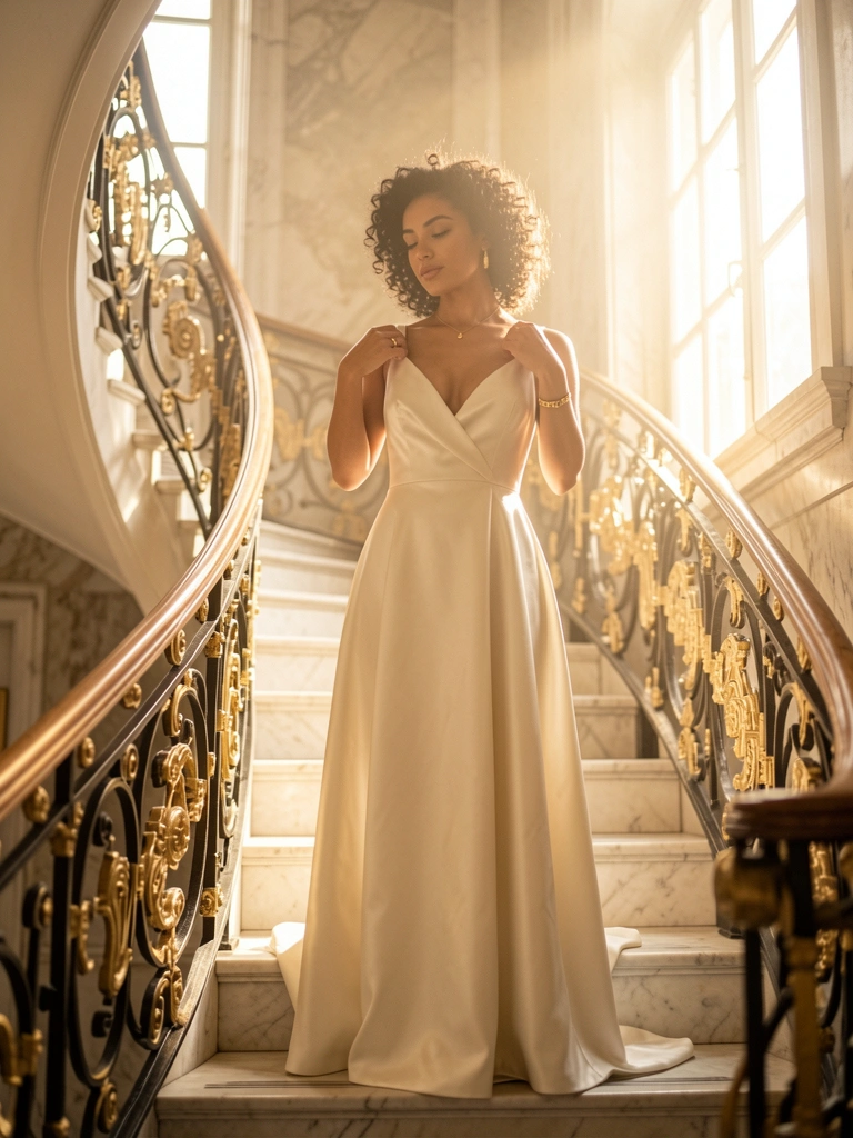 Noiva em vestido de cetim off-white ajustando as alças em escadaria de ferro forjado preto e dourado, luz natural entrando por janela, mármore ao fundo.