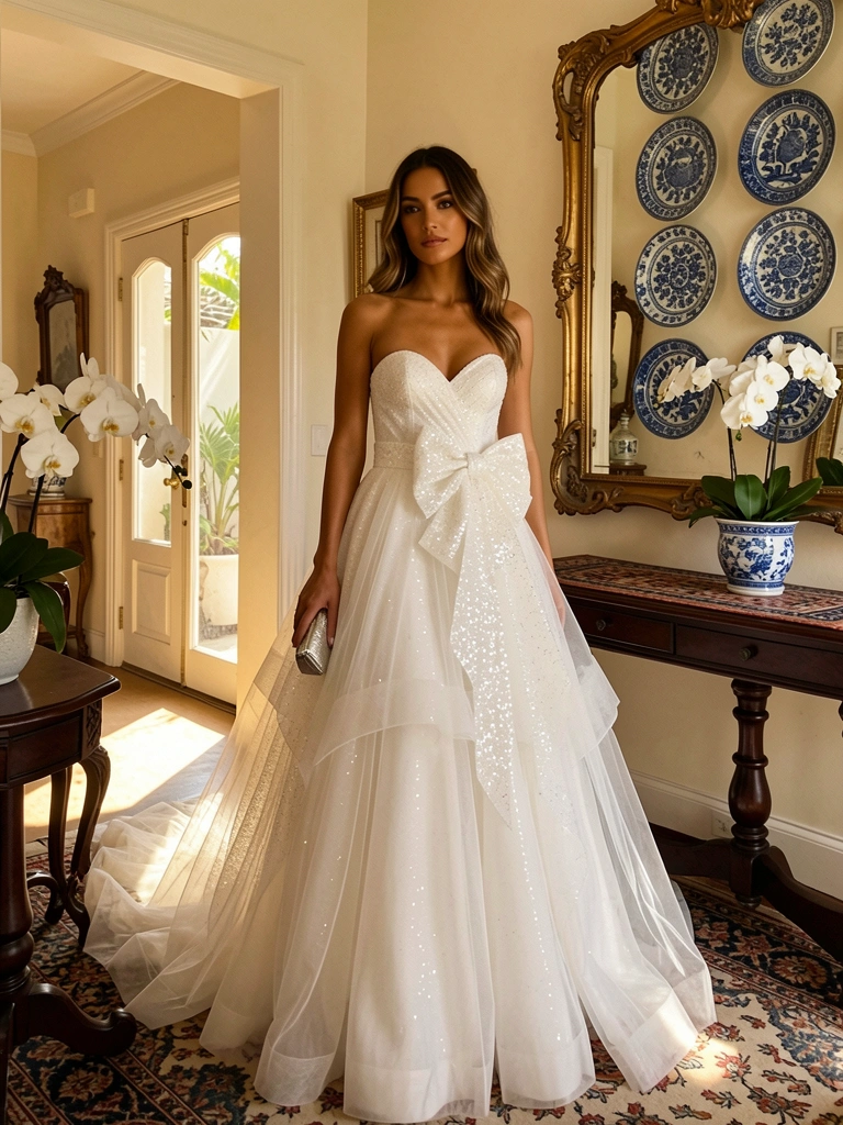 Vestido branco de tule com laço na cintura em entrada iluminada por luz natural, com espelho dourado e pratos azuis e brancos na parede.