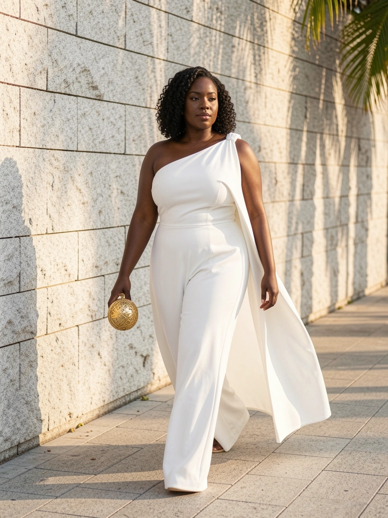 Mulher negra plus size em macacão branco de uma alça com drapeado amplo, segurando bolsa dourada, parede de pedra clara ao fundo com luz natural.