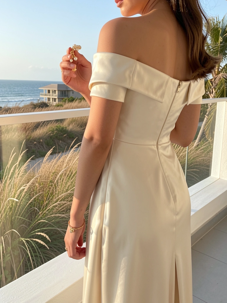 Vestido de cetim off-white com zíper nas costas, mulher segurando acessório de cabelo dourado com pérolas, sacada com vista costeira ao fundo.