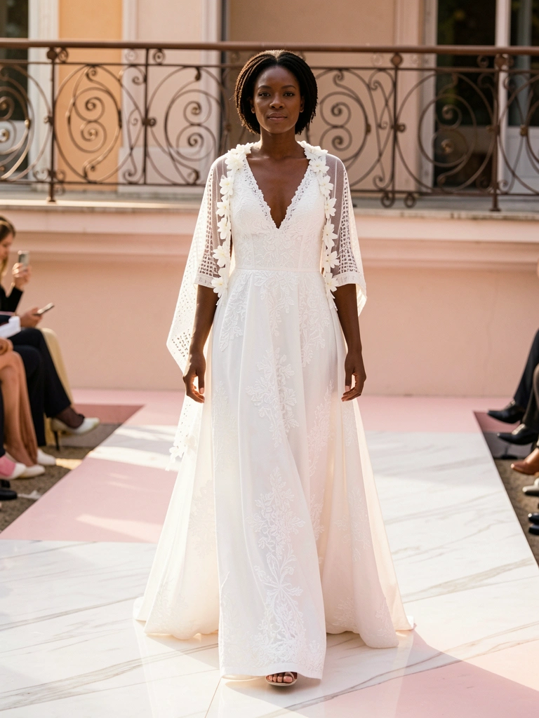 Mulher negra vestindo longo branco com renda e xale floral, passarela rosa e balcão de ferro forjado sob luz natural.