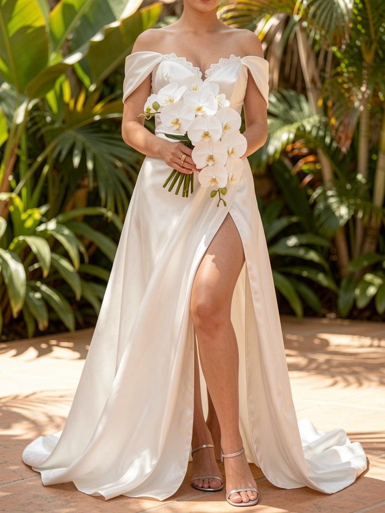 Vestido de noiva de cetim com decote ombro a ombro e fenda, buquê de orquídeas brancas, luz natural difusa e fundo de folhagens verdes.
