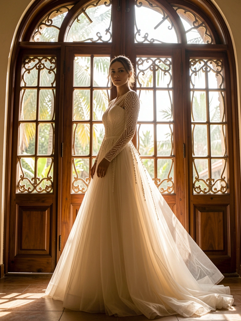 Noiva em vestido off-white com mangas bordadas e saia de tule diante de porta em arco com janelas antigas, luz natural quente.